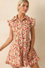Saved By The Bell Light Pink Floral Button Front Cotton Denim Mini Dress