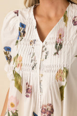 Just Add Flowers Ivory Multi Floral Print Pintuck Puff Sleeve Blouse