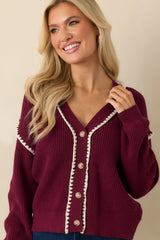 On The Mark Maroon Contrast Trim Knit Button Up Cardigan