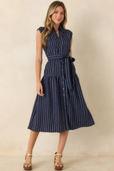 Always On Course Navy Striped Button Front Midi Dress