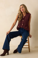 What You Came For Wine Red Ribbed Knit Button Up Sweater Vest