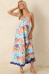Passport to Paradise Coral Orange & Blue Poolside Print Maxi Dress
