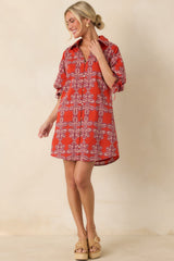 Missed Connections Brick Red & Burgundy Cotton Mini Shirt Dress