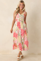 Sweet on Sunshine Red Multi Patchwork Print Midi Dress
