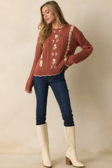 Guess Again Terracotta Cable Knit Floral Embroidered Scallop Hem Sweater