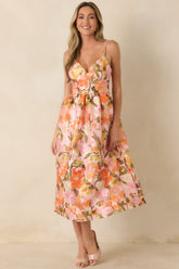 Blushing Bouquet Pink & Orange Floral Midi Dress