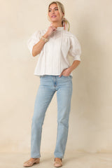 Lines Yet Written White Cotton Pintuck and Lace Puff Sleeve Top