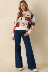 Oh So Merry White Multi Knit Christmas Patchwork Print Sweater