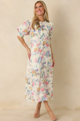 Whispering Brush Strokes White Multi Cotton Floral Puff Sleeve Maxi Dress