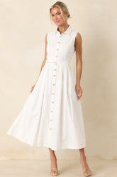 What Can I Say White Cotton Sleeveless Button Front Belted Maxi Dress