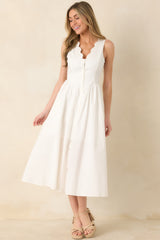 The High Life White Cotton Scalloped V-Neck Midi Dress