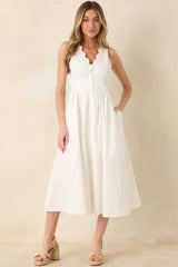 The High Life White Cotton Scalloped V-Neck Midi Dress