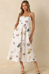 Promise in Bloom White Multi Floral Cotton Tie-Back Scalloped Midi Dress