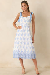 Made For Lovely Days Blue Embroidered Cotton Tie-Strap Midi Dress