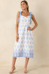 Made For Lovely Days Blue Embroidered Cotton Tie-Strap Midi Dress