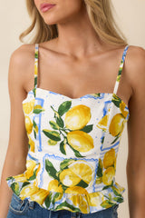 Sweet Citrus Charm White Multi Lemon Print Cotton Peplum Top