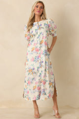 Whispering Brush Strokes White Multi Cotton Floral Puff Sleeve Maxi Dress