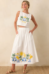 Paradisa Paradena White Multi Embroidered Cotton Blend Midi Skirt