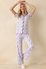 Decked In Delight White Multi Ornament Short Sleeve Button Up Pajama Top