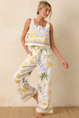 Paradisa Bahia Bay White Multi Linen Blend Tropical Print Tank Top