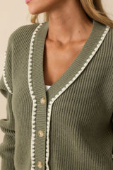 On The Mark Sage Green Contrast Trim Knit Button Up Cardigan