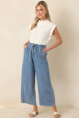 Wherever You're Going Medium Wash Denim Wide Leg Drawstring Pants