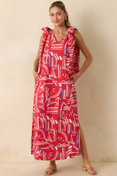 Prosperina Arden Red Multi Yacht Club Cotton Maxi Dress