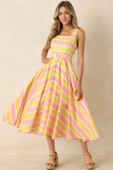 Sunbeam Days Yellow & Pink Stripe Cotton Belted Midi Dress