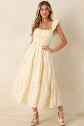 Meadow Mornings Yellow Stripe Floral Embroidered Cotton Maxi Dress