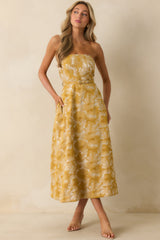 Perfectly Placed Yellow Gold Floral Jacquard Strapless Midi Dress