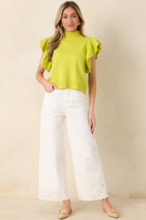 Watch Her Work Chartreuse Green Knit Flutter Sleeve Top