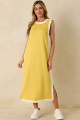Perfectly Framed Yellow Jersey Knit Contrast Trim Sleeveless Maxi Dress