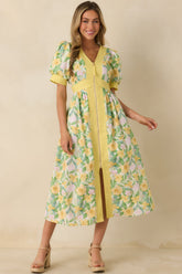 Color Me Floral Yellow Multi Floral Print Cotton Zip Front Midi Dress