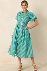 Put It in Motion Light Blue & Green Stripe Cotton Midi Dress