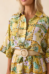 Views From The Veranda Yellow Tropical Print Linen Blend Romper