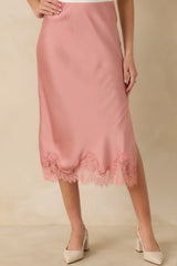 Just Call Me Later Blush Pink Satin Lace Trim Midi Skirt