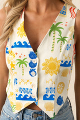 Lighten Up Ivory Tropical Print Button Front Waistcoat Top