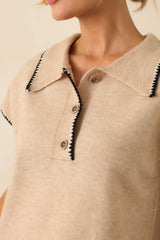 Let's Call It Even Oatmeal Beige Contrast Trim Knit Short Sleeve Polo Top
