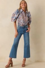 End Of Story Ash Blue Multi Paisley Floral Print Cotton Blouse