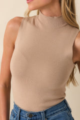 It'll Work Out Taupe Ribbed Mock Neck Sleeveless Bodysuit