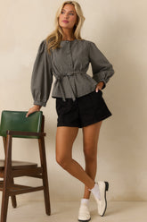A Defining Moment Black Gingham Linen Blend Belted Blouse