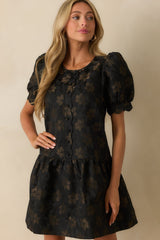 Meant To Shine Black Floral Jacquard Puff Sleeve Mini Dress