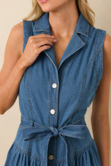 Riverside Sips Blue Denim Button Front Maxi Dress