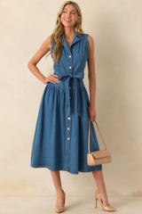 Riverside Sips Blue Denim Button Front Maxi Dress