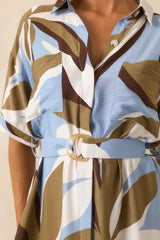Staple The Label Blue Abstract Floral Print Maeve Midi Shirt Dress