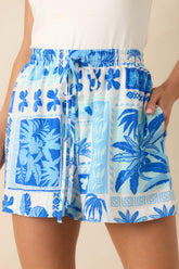 Looks About Right Blue Tropical Patchwork Print Drawstring Shorts