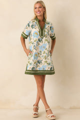 Quiet Radiance Green Multi Floral Print Cotton Mini Dress