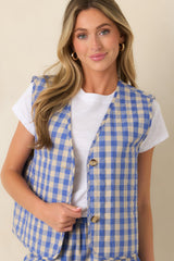 FRNCH Regalia Azure Blue Gingham Cotton Reversible Quilted Cotton Vest