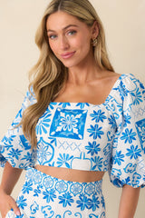 Prosperina Presley Blue Tile Print Cotton Crop Top