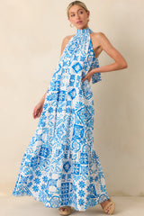Prosperina Rebecca Blue Tile Print Cotton Halter Maxi Dress